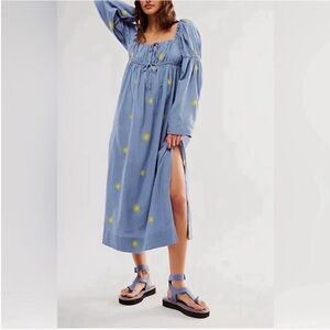 Free People Emory embroidery Maxi Dress small blue